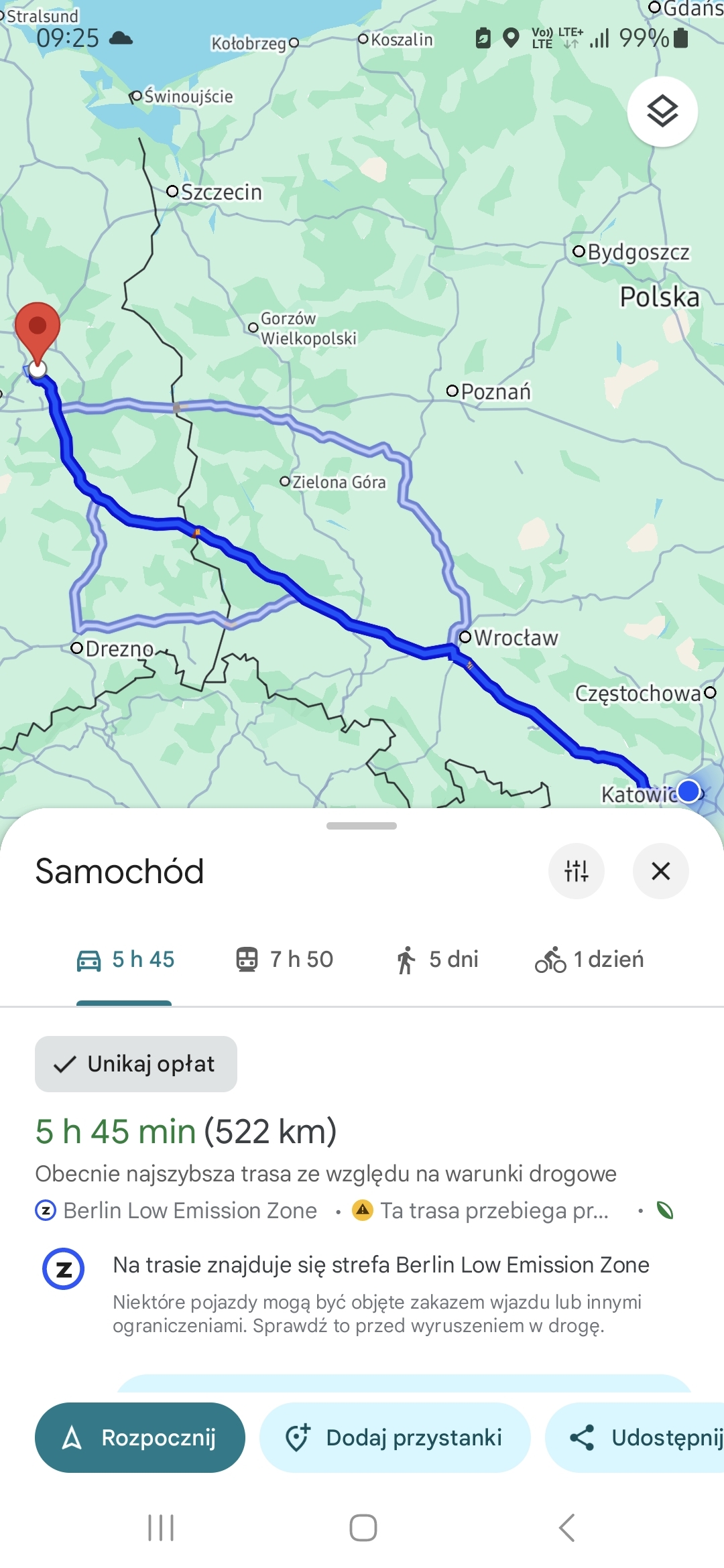 Strefy Czystego transportu oznaczone w aplikacji Google Maps